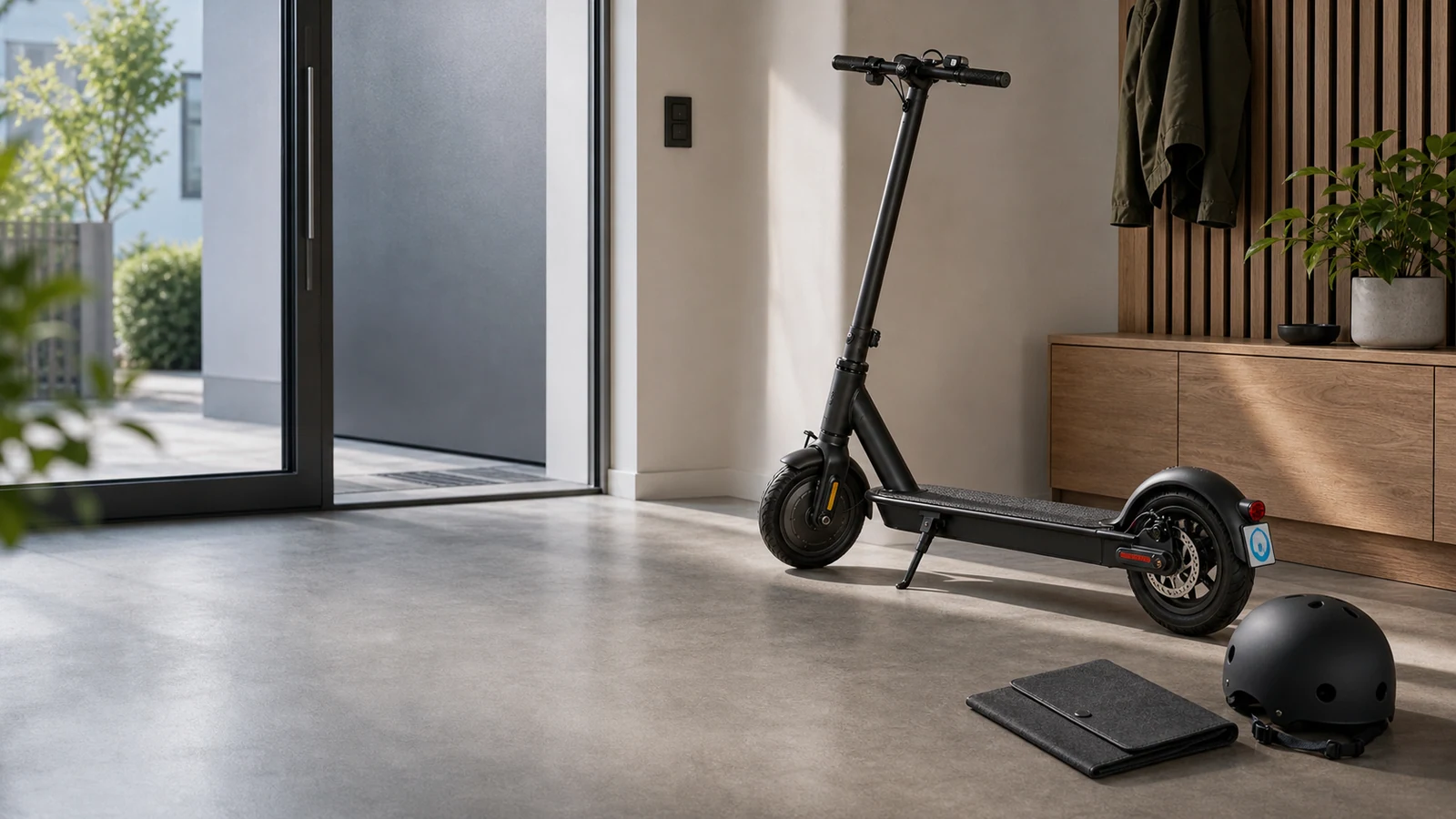 E-Scooter im hellen Eingangsbereich mit Helm und Unterlagen vor der ersten Fahrt