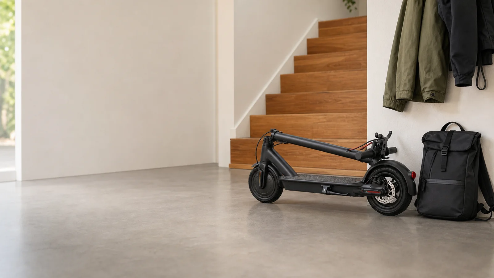 Zusammengeklappter E-Scooter in einem hellen Eingangsbereich neben einer Treppe