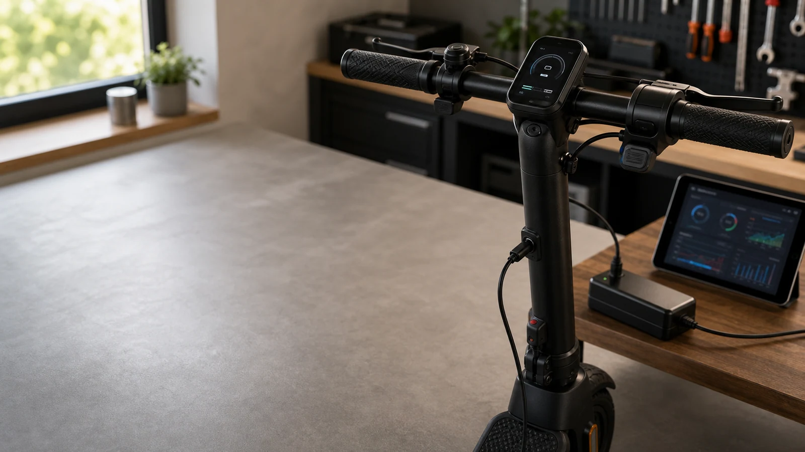 E-Scooter-Cockpit mit Ladegerät und neutraler technischer Anzeige