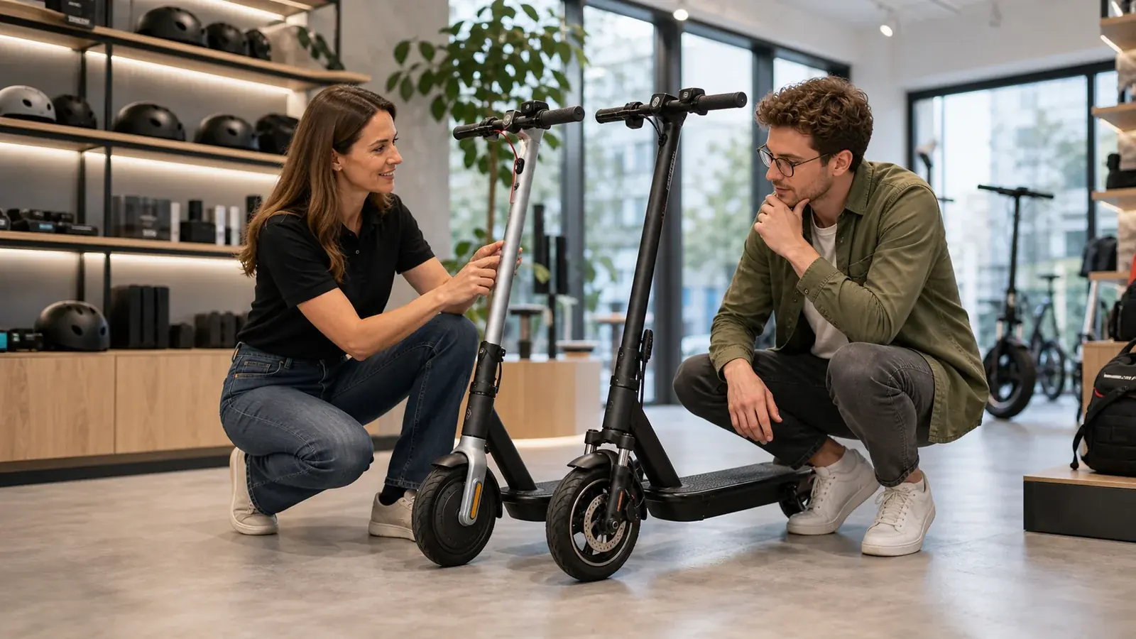 Beratungssituation im E-Scooter-Geschäft mit zwei Modellen zum direkten Vergleich
