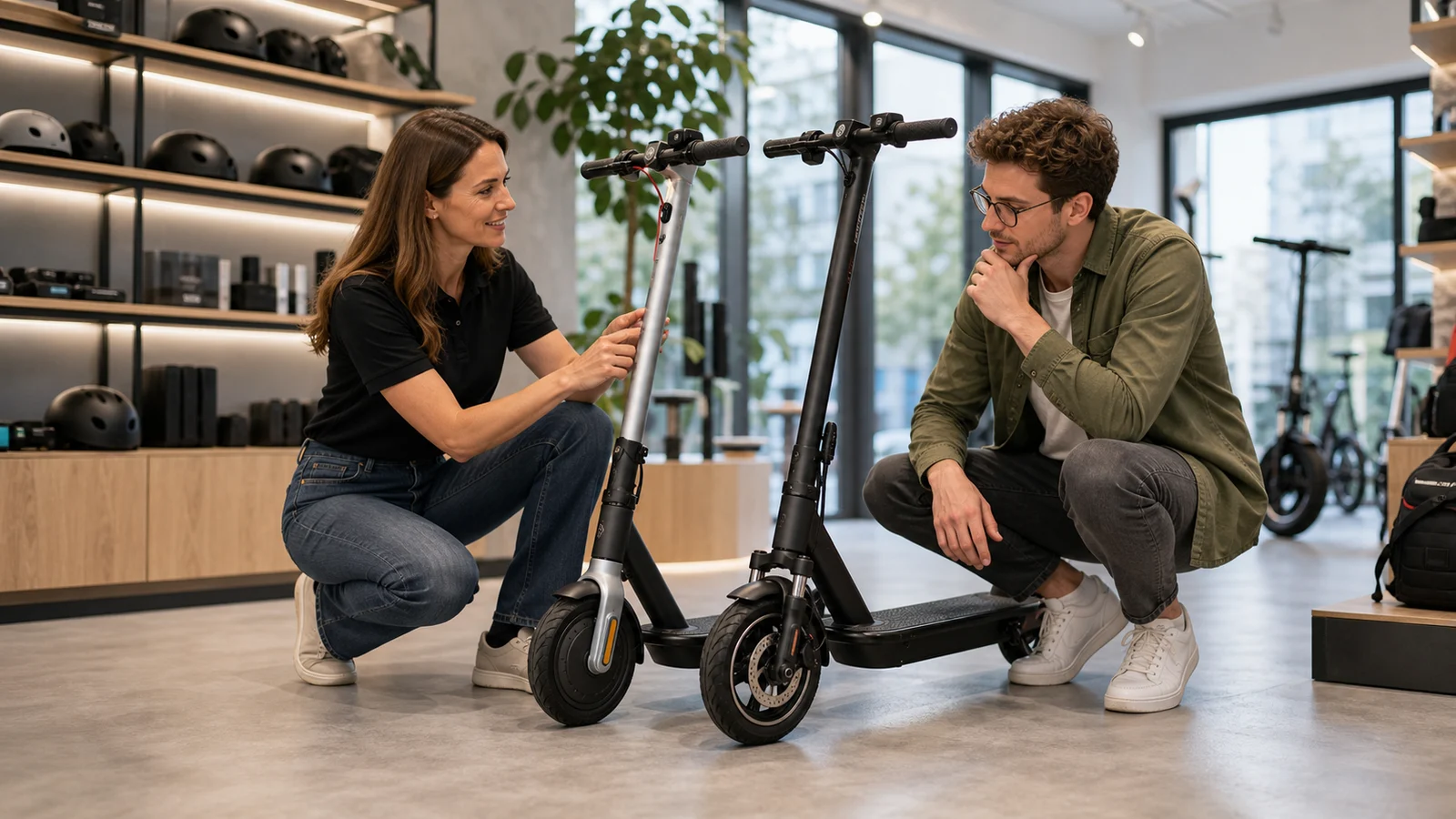 Beratungssituation im E-Scooter-Geschäft mit zwei Modellen zum direkten Vergleich