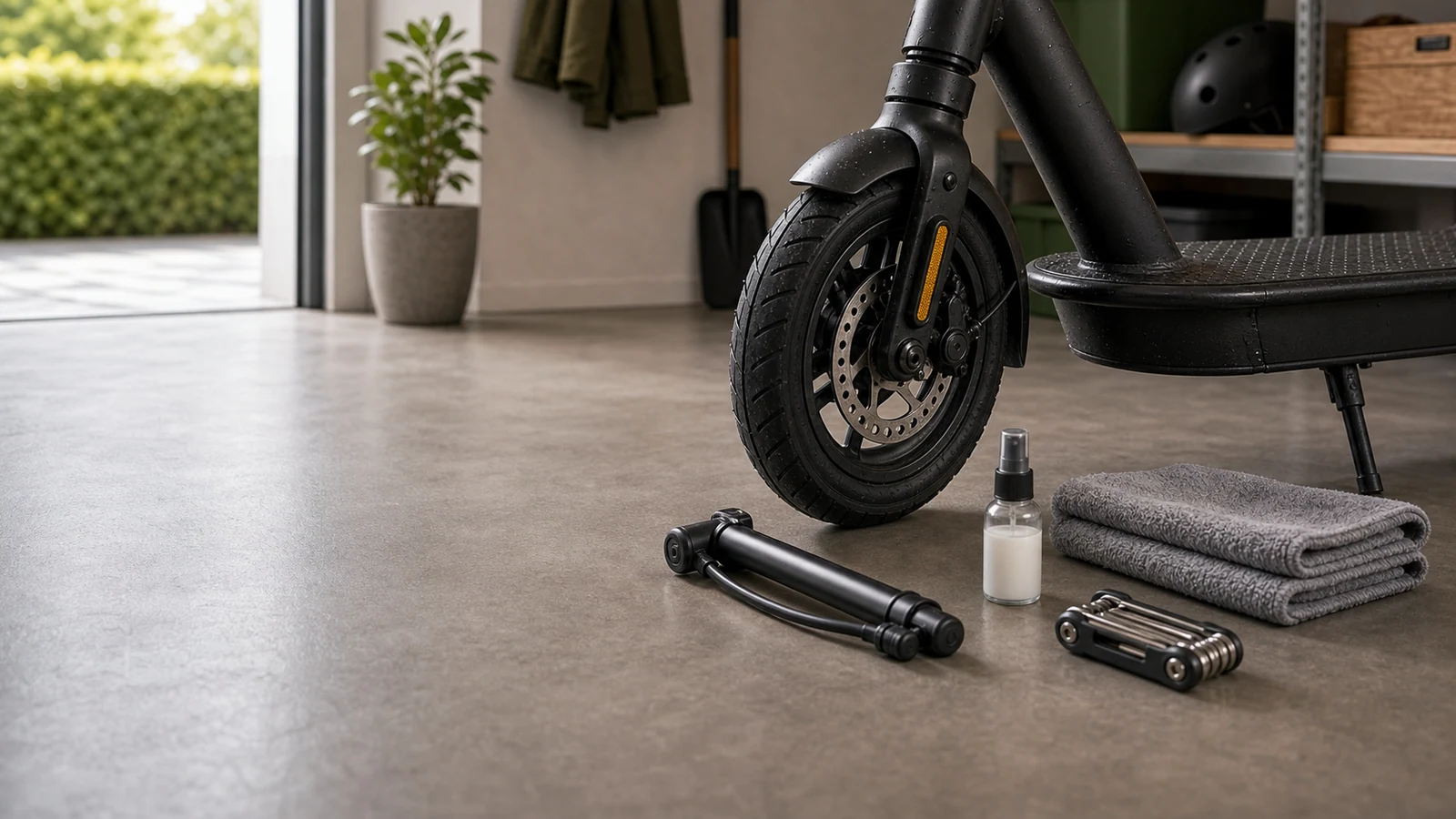 E-Scooter-Vorderrad mit Luftpumpe, Reifen-Notfallspray, Tuch und kompaktem Werkzeug