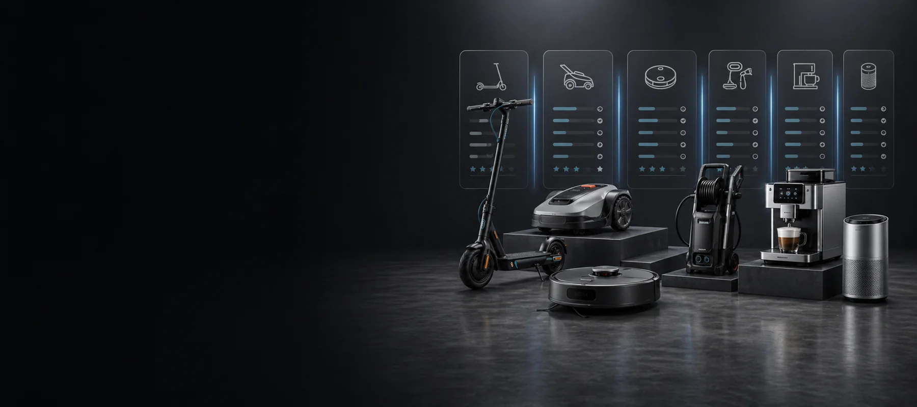 Produktvergleich über mehrere Kategorien mit E-Scooter, Mähroboter, Saugroboter, Hochdruckreiniger und Kaffeevollautomat