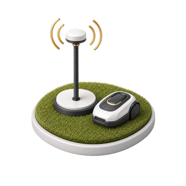 Miniatur eines Mähroboters mit lokaler RTK-Antenne auf einer Rasenplattform