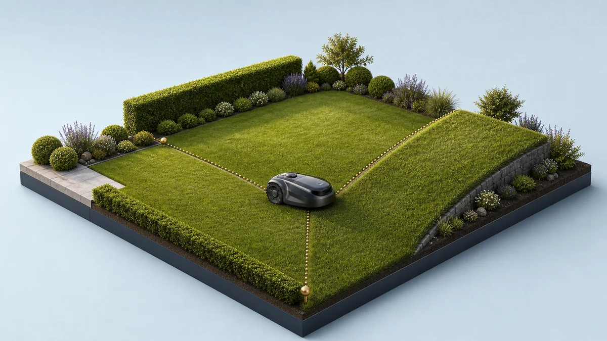 Miniaturgarten mit unterschiedlichen Gartentypen und Mähroboter als Entscheidungshilfe
