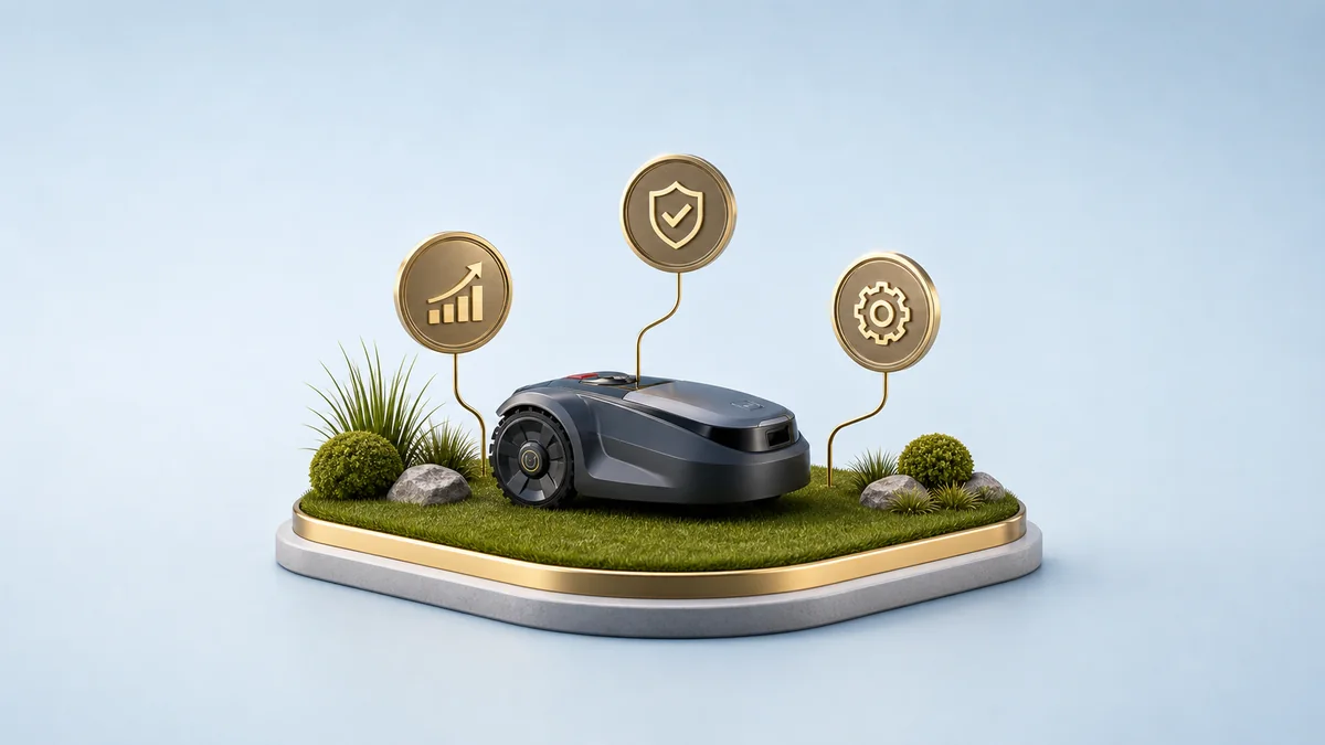 Mähroboter als Produktprofil mit visuellen Markern für Daten und Eigenschaften