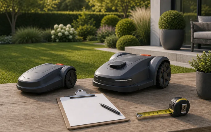 Zwei Rasenmähroboter im Vergleich mit Checkliste auf Gartentisch