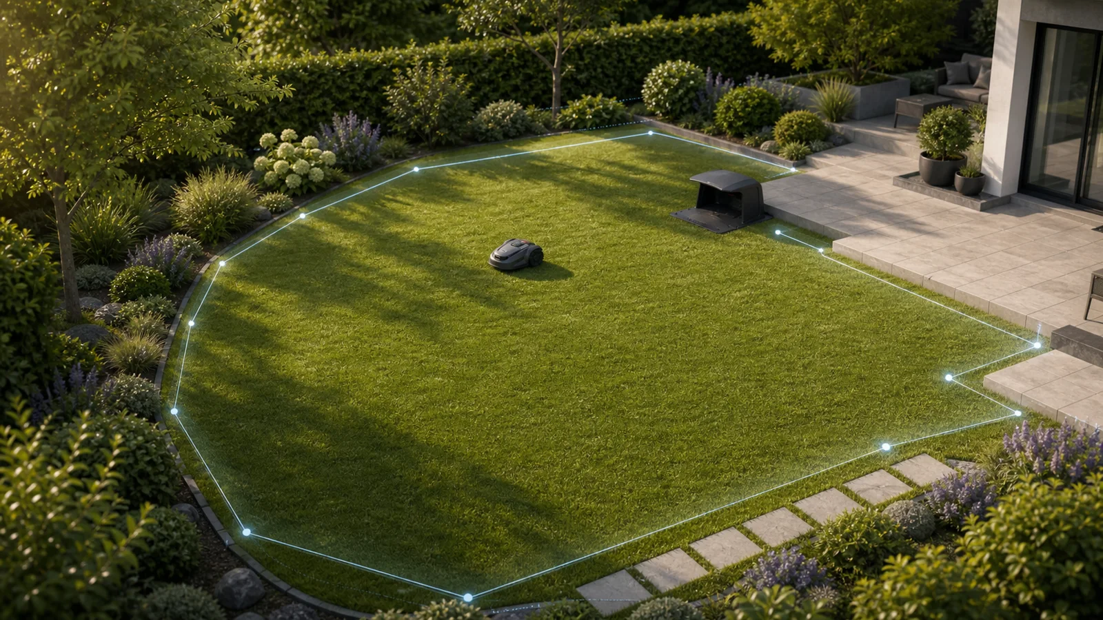 Garten aus erhöhter Perspektive mit markierter tatsächlicher Mähfläche