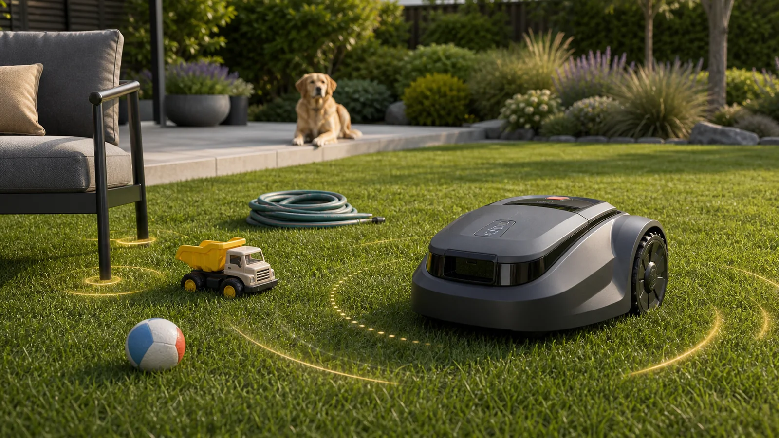 Mähroboter erkennt Spielzeug, Gartenschlauch, Gartenstuhl und einen Hund im sicheren Abstand