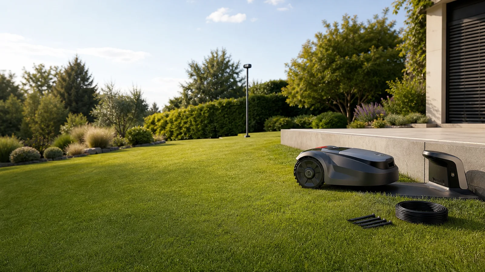 Mähroboter mit Ladestation, Antennenmast, Begrenzungskabel und Erdnägeln in einem gepflegten Garten