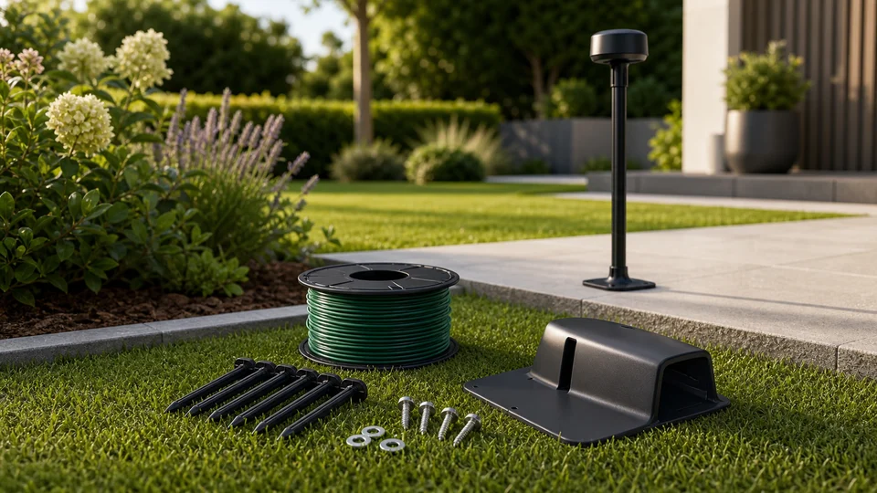 Begrenzungskabel, Erdnägel und RTK-Antenne als Setup-Zubehör im Garten