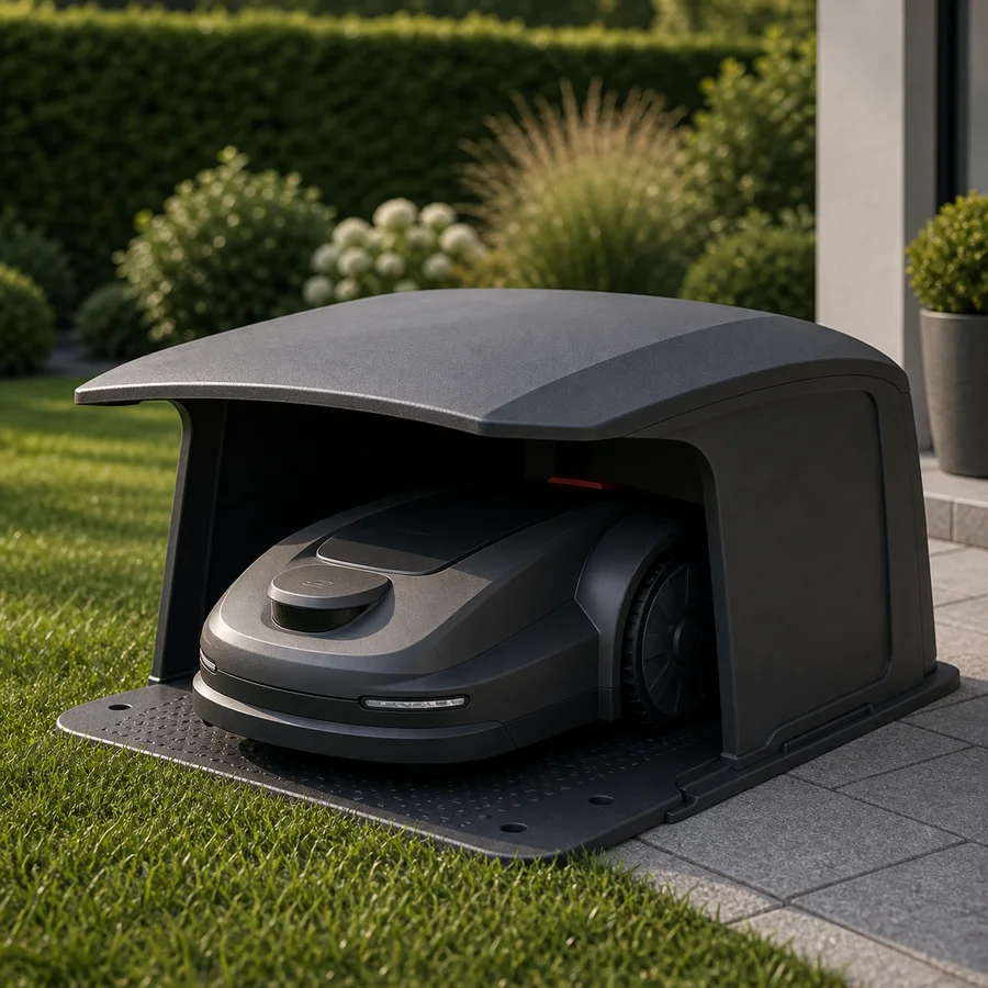 Mähroboter-Garage als Wetterschutz fuer dauerhaften Ausseneinsatz